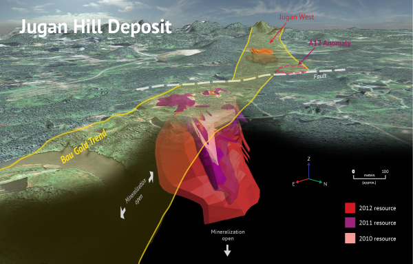 Southwesterly perspective of the Bau Gold Trend, showing Jugan Hill Deposit in foreground